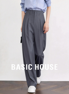 Basic House/百家好极简风灰色阔腿裤女夏高腰垂感显瘦通勤西装裤