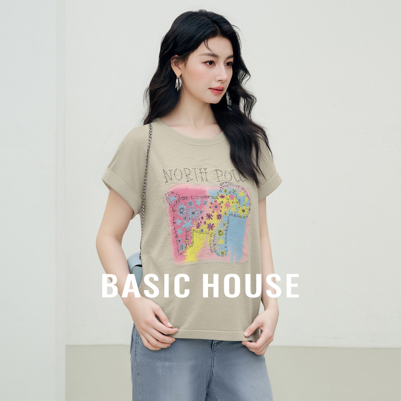Basic House/百家好夏季新款撞色印花上衣短款圆领套头短袖针织衫