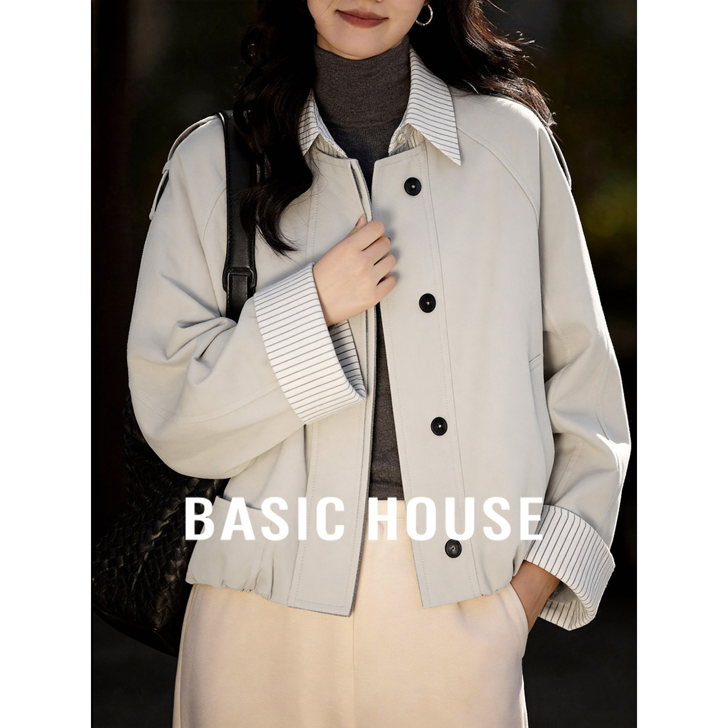 Basic House/百家好撞色条纹拼接风衣外套女小个子休闲短款夹克春