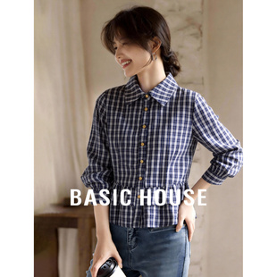 女2026春新款 百家好蓝白格纹荷叶边衬衫 宽松收腰上衣 House Basic