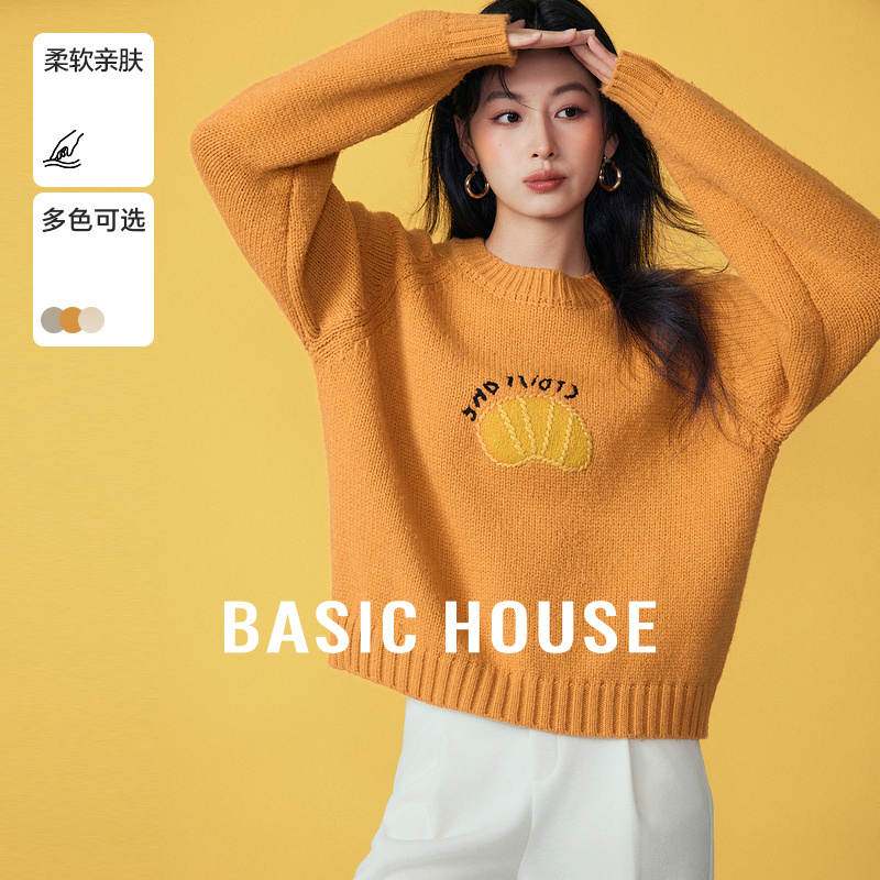 Basic House/百家好卡通刺绣圆领毛衣插肩袖套头加厚针织上衣秋冬