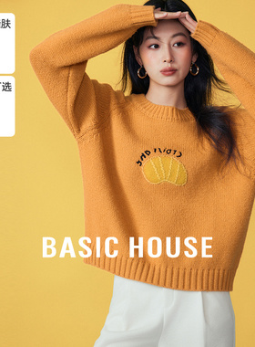 Basic House/百家好卡通刺绣圆领黄色毛衣女冬季新款套头加厚上衣