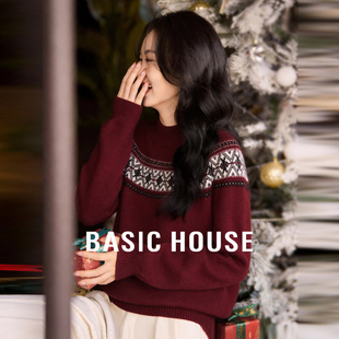 Basic House/百家好红色费尔岛毛衣女冬新款时尚百搭圆领毛衫上衣