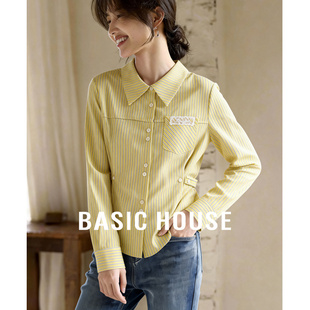 Basic House/百家好蕾丝点缀黄白条纹衬衫女春款修身通勤长袖衬衣