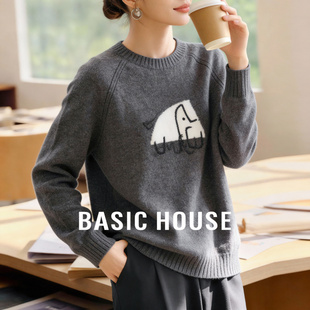 Basic House/百家好灰色小象圆领毛衣女冬季卡通图案宽松套头上衣