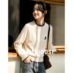 撞色边软糯宽松学院风套头上衣 新款 百家好蓝色圆领针织衫 女26春季