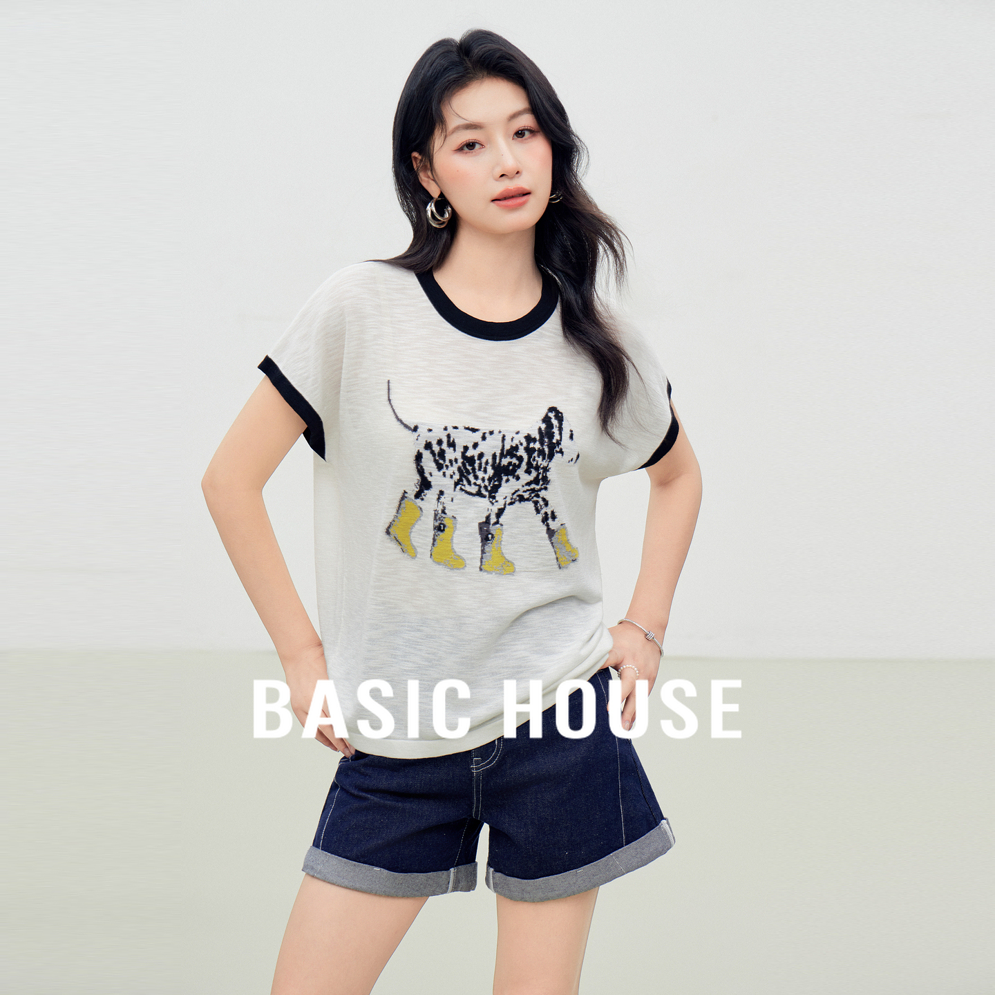 Basic House/百家好撞色小狗刺绣针织衫今年夏季短款高级圆领上衣