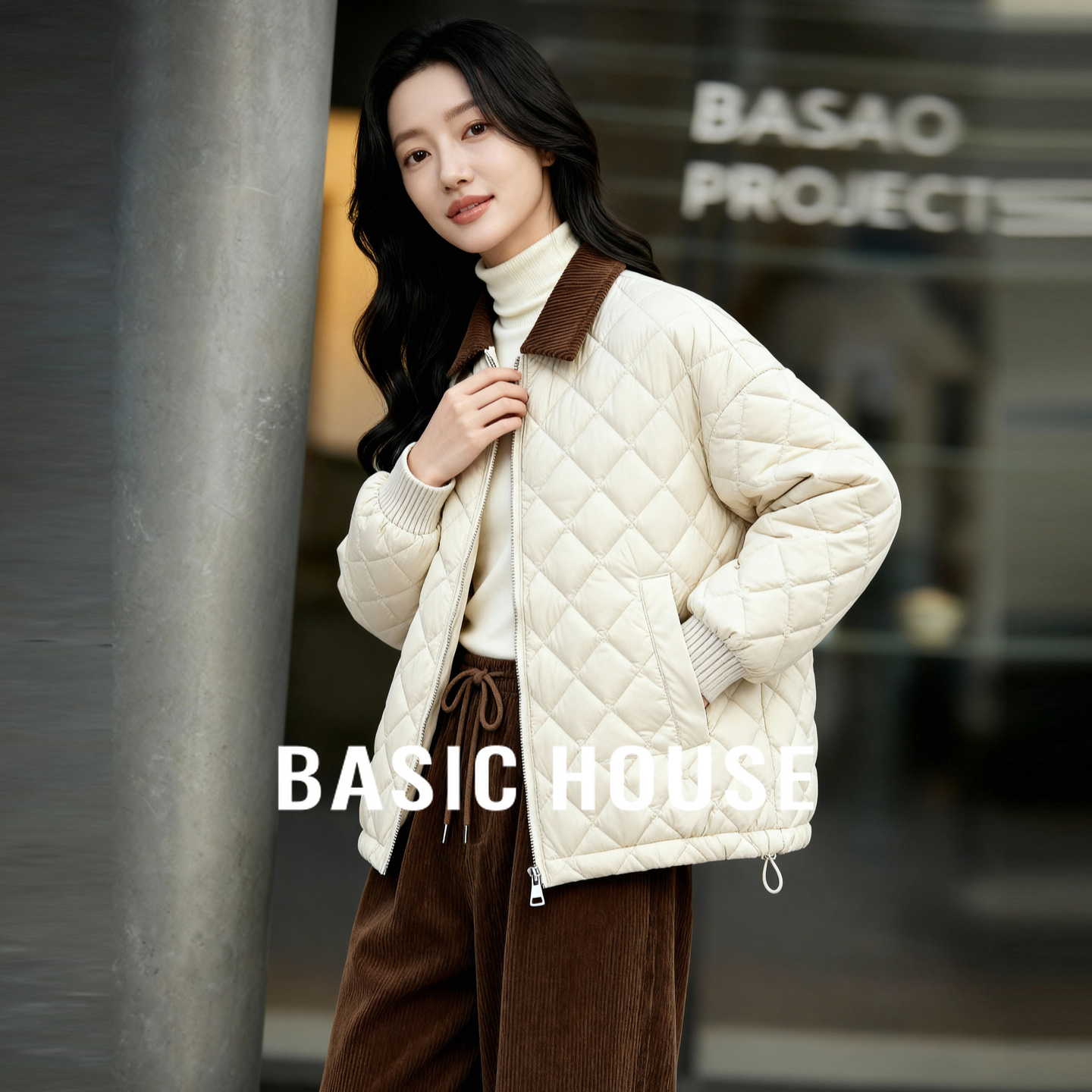 Basic House/百家好复古撞色翻领羽绒服女冬季新款小个子短款上衣