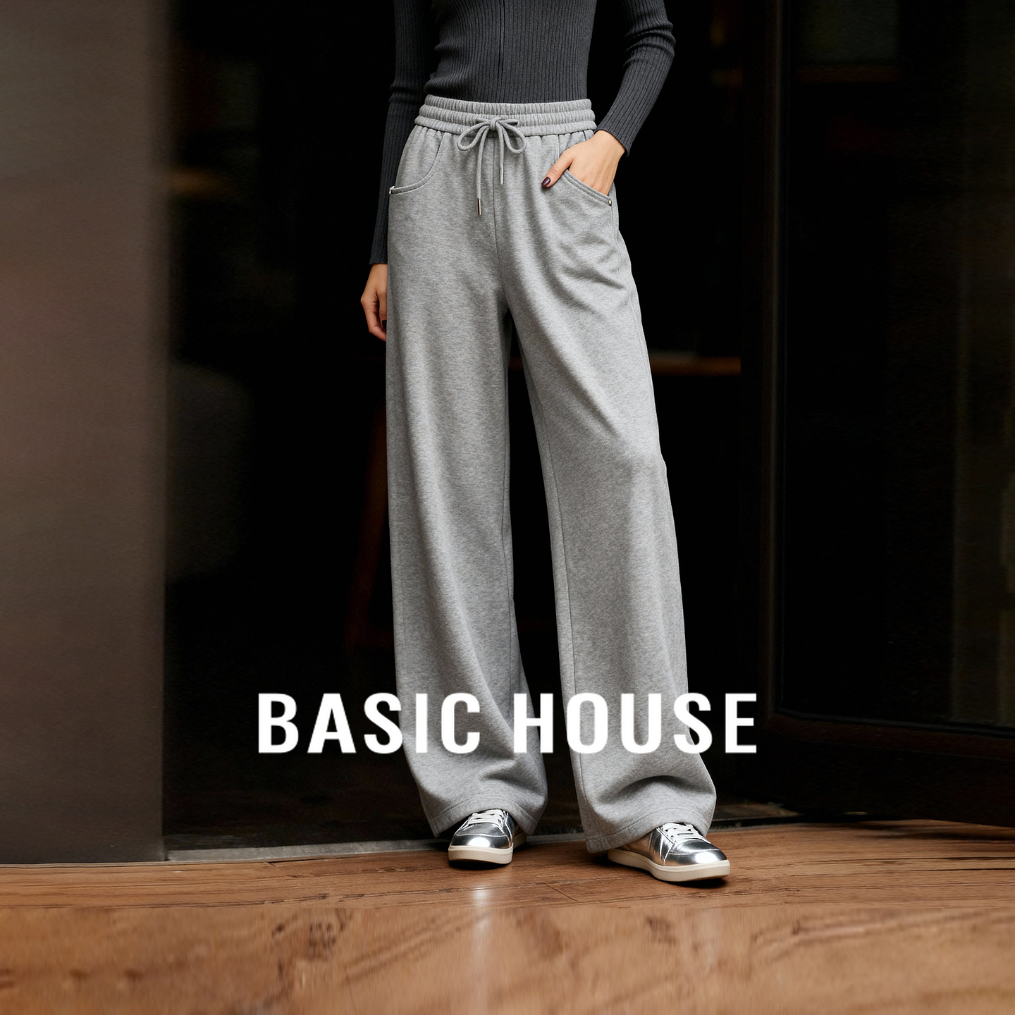 Basic House/百家好松紧腰弯刀裤女休闲秋冬新款纯色百搭运动裤