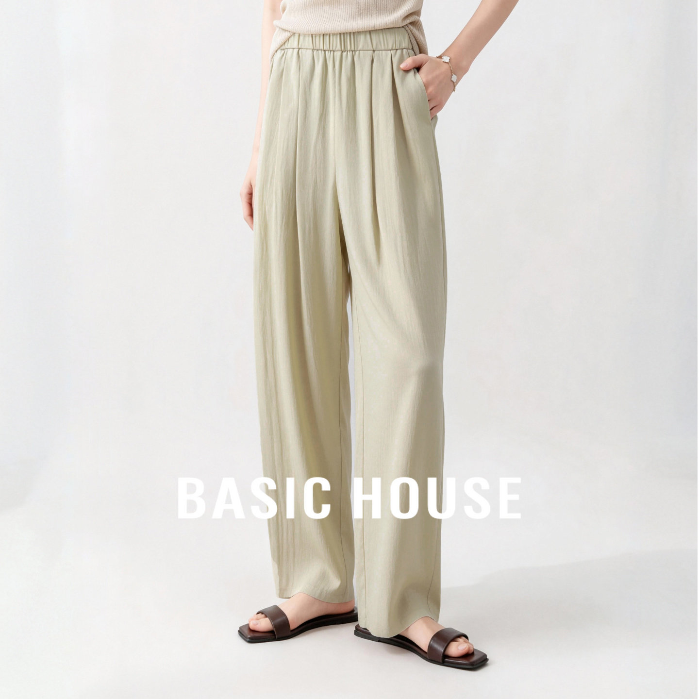 Basic House/百家好舒适透气直筒裤春季新款宽松休闲松紧带山本裤