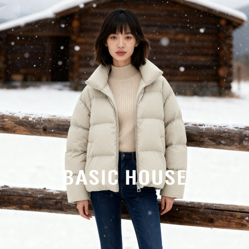 Basic House/百家好立领短款羽绒服女冬季宽松显瘦加厚保暖面包服