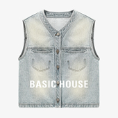 House 口袋设计感时尚 百家好经典 新款 牛仔马甲 复古水洗夏季 Basic