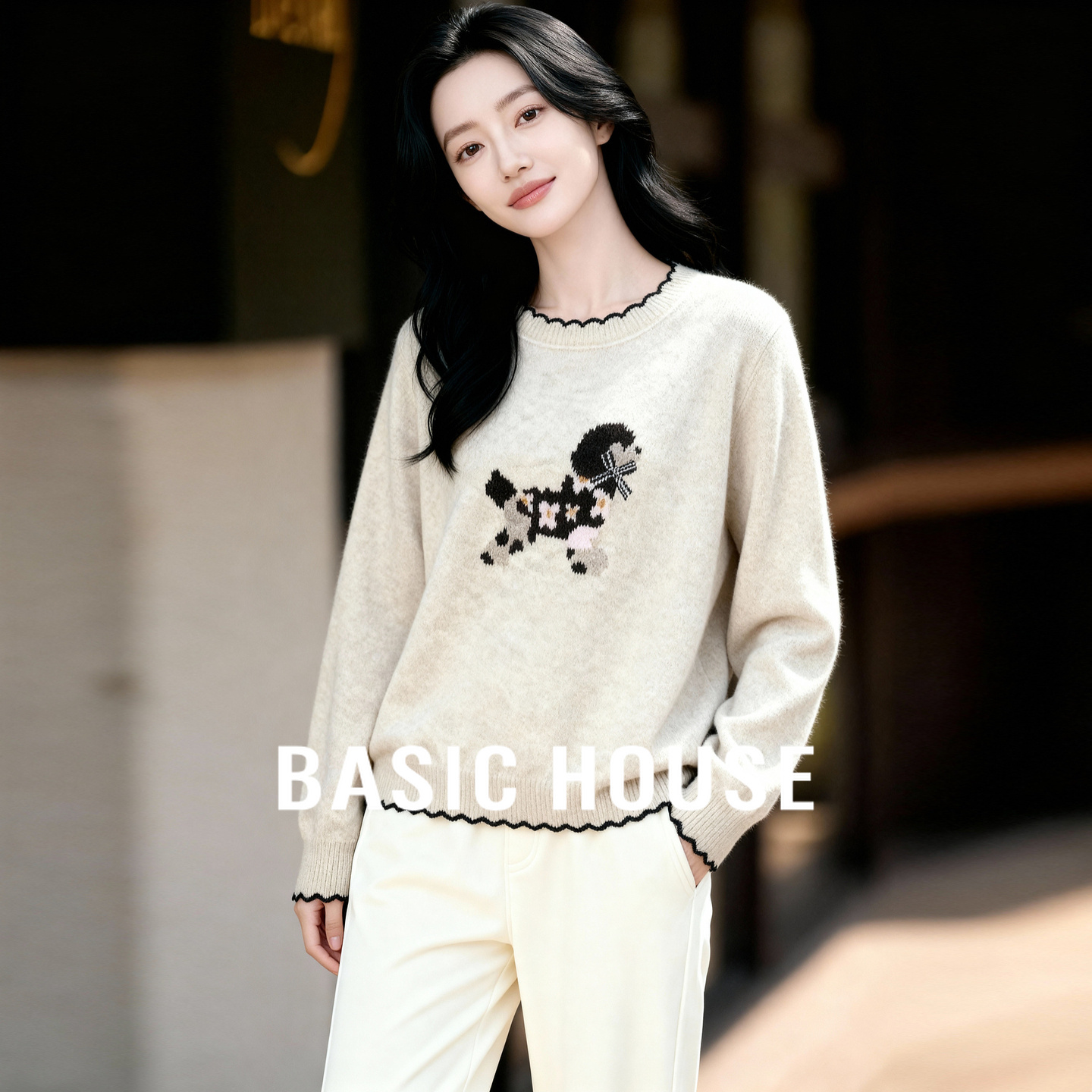 Basic House/百家好法式花边圆领毛衣冬复古小狗提花软糯套头上衣