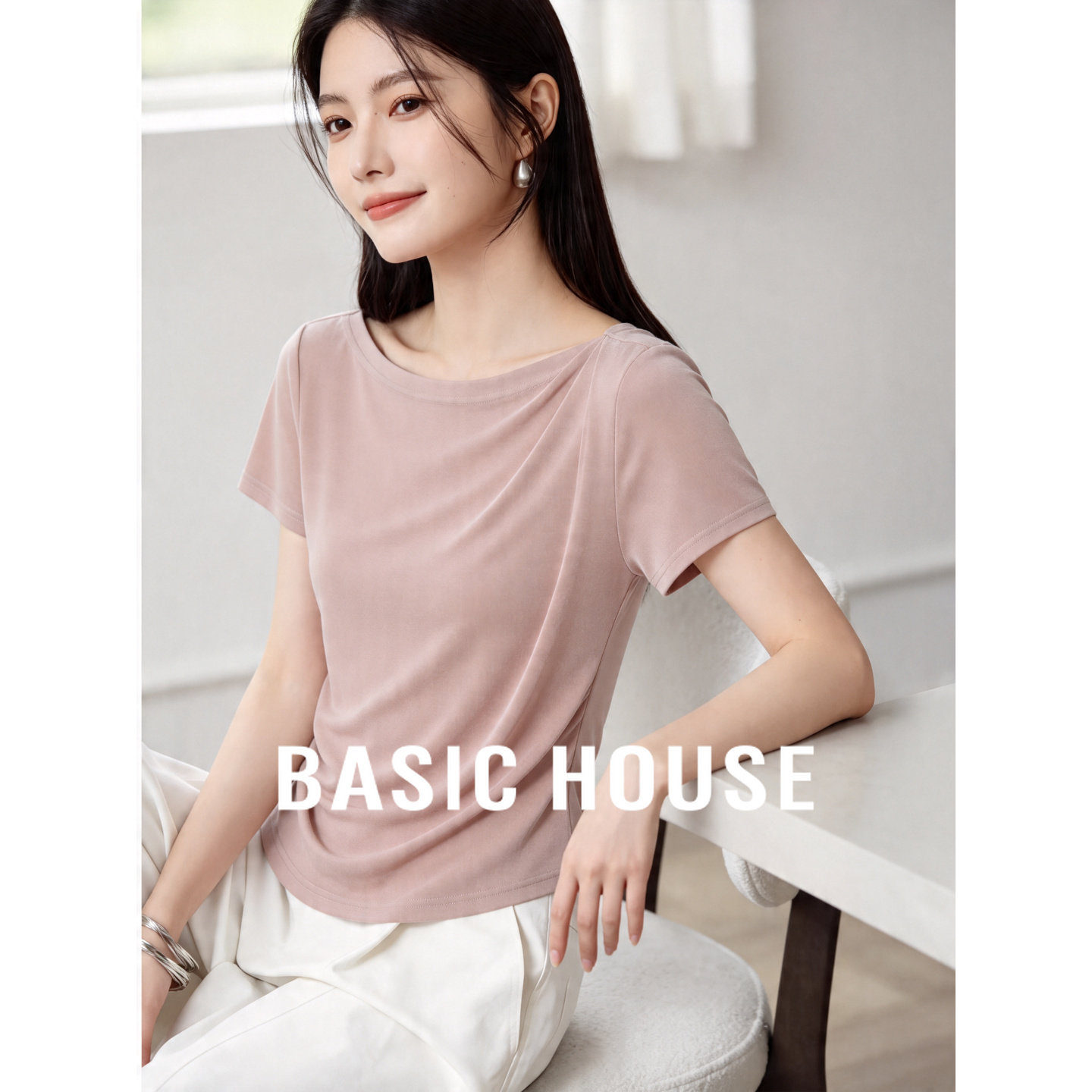 Basic House/百家好轻熟简约风短袖T恤女夏季褶皱显瘦设计感上衣