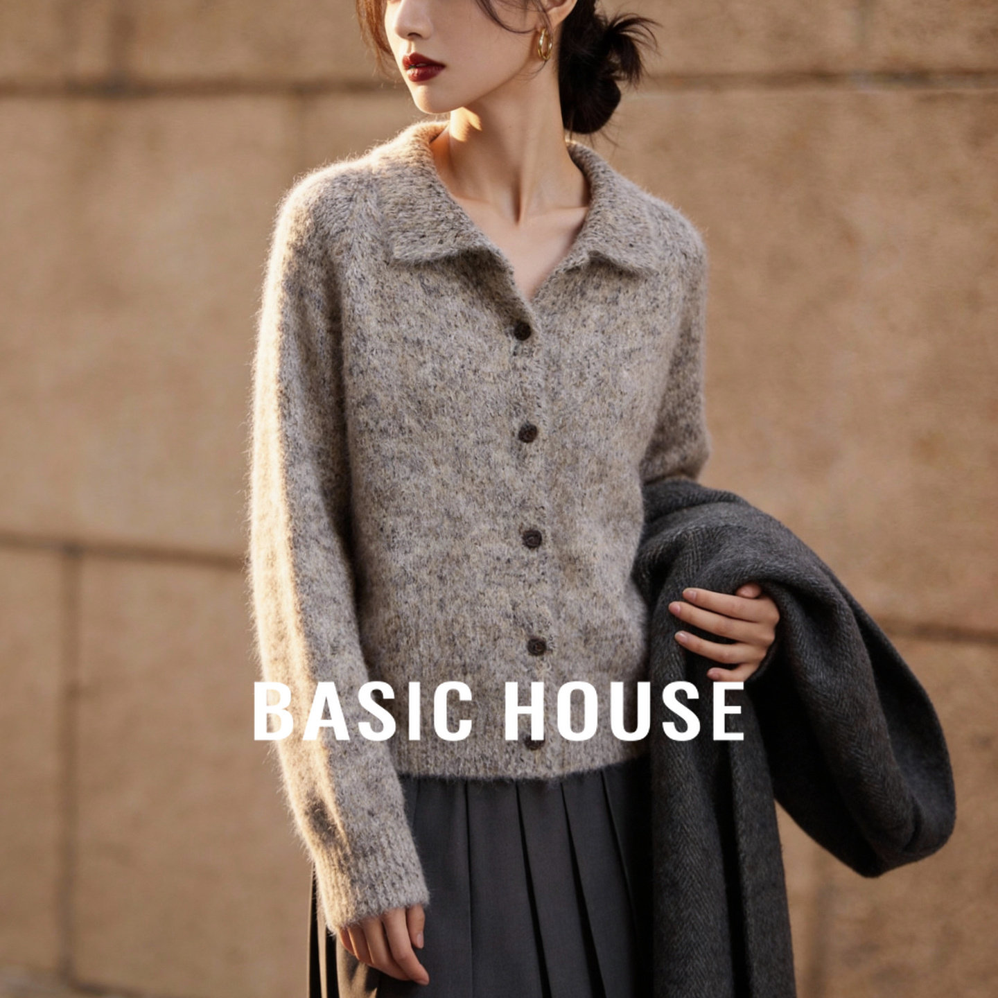 Basic House/百家好绵羊毛翻领针织开衫女宽松休闲单排扣毛衣外套,女装/女士精品,毛衣,淘宝优惠券,粉丝福利购,淘宝优惠卷