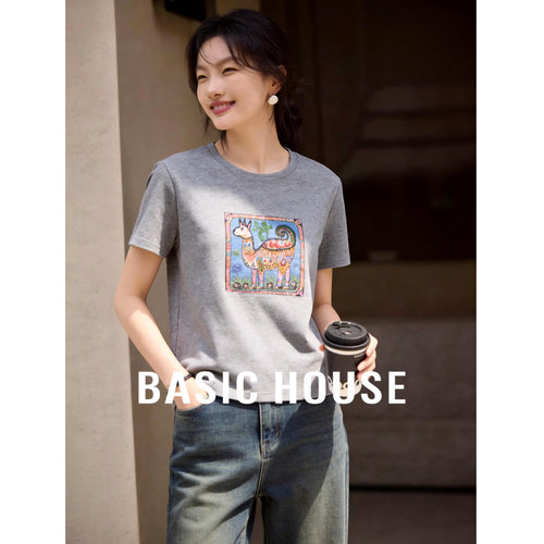 Basic House/百家好森系复古羊驼印花棉T恤女夏宽松灰色短袖上衣