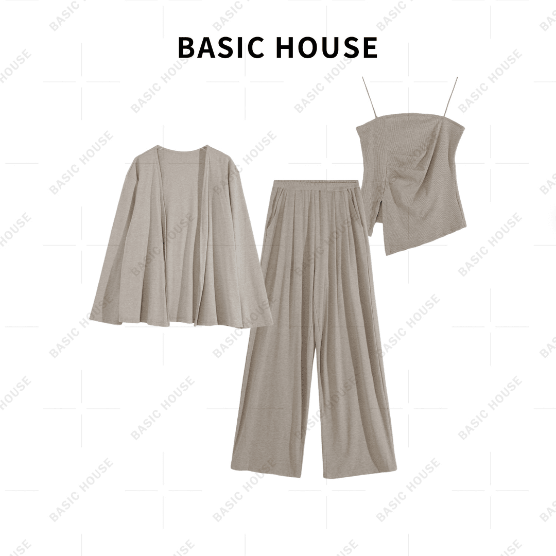 Basic House/百家好夏秋韩系套装外搭小衫吊带直筒阔腿裤三件套女