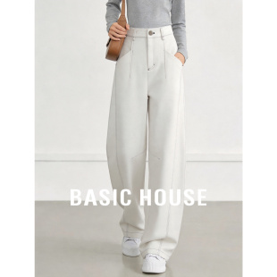 House 春季 百家好白色弯刀牛仔裤 长裤 设计感显瘦高腰阔腿裤 Basic