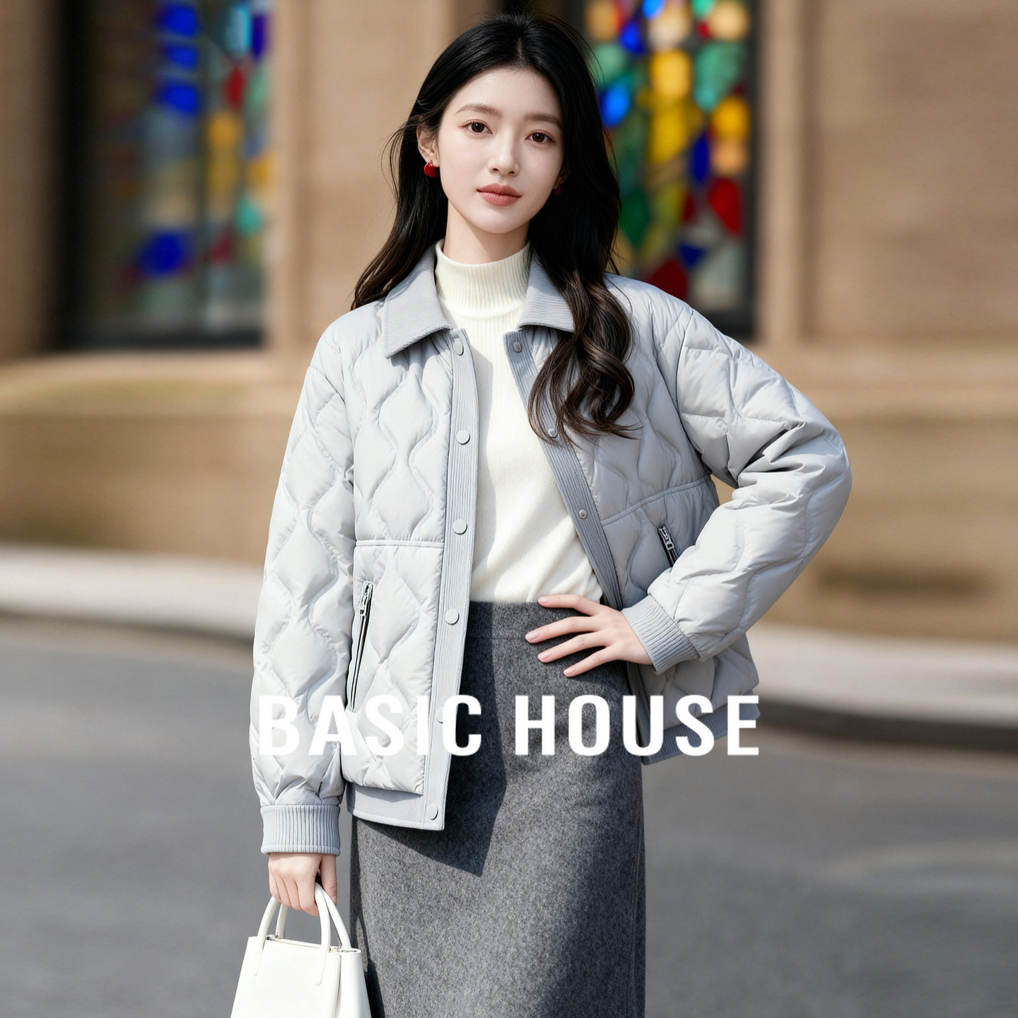 百家好撞色翻领外套冬季新款轻薄短款羽绒服女单排扣宽松羽绒棉服