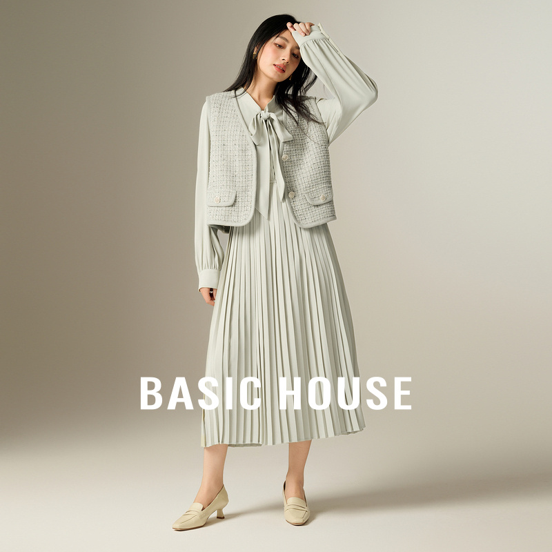 Basic House/百家好小香风套装V领马甲系带百褶连衣裙两件套秋季