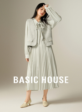 Basic House/百家好小香风套装V领马甲系带百褶连衣裙两件套秋冬