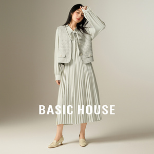 Basic House/百家好小香风套装V领马甲系带百褶连衣裙两件套秋冬