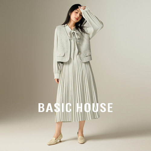 Basic House/百家好小香风套装V领马甲系带百褶连衣裙两件套春秋