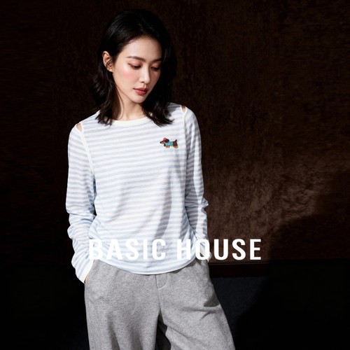 Basic House/百家好航海系条纹露肩撞色针织衫女春夏刺绣圆领上衣