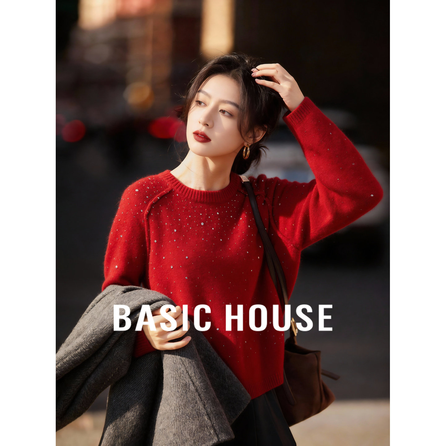 百家好红色圆领针织衫女2026春季新款亮钻毛衣高级感显瘦新年上衣