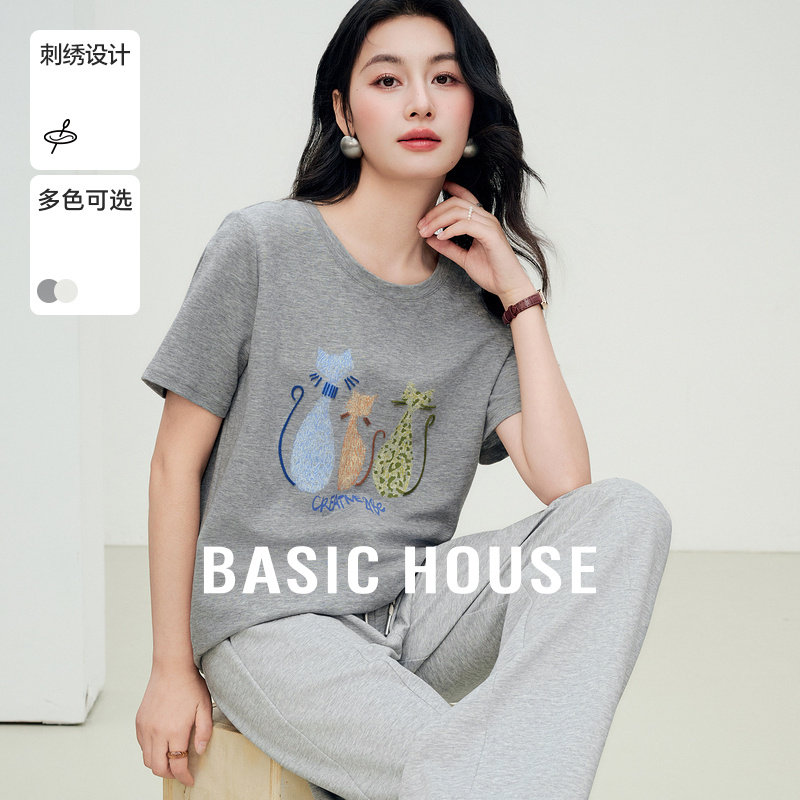 Basic House/百家好韩系猫咪印花t恤女夏季新款修身上衣正肩短袖