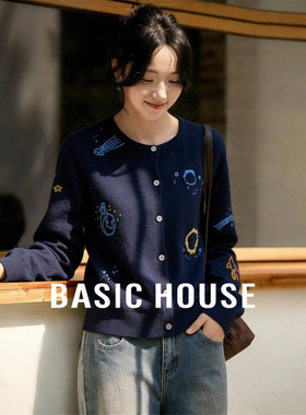 Basic House/百家好复古卡通绣花软糯针织开衫女2026春季毛衣外套