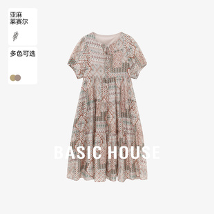 新款 Basic 系带印花长裙夏季 百家好短袖 民族风休闲连衣裙女 House