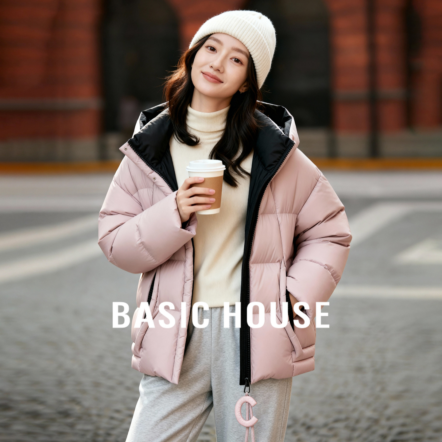 Basic House/百家好连帽拉链设计感短款羽绒服女2025新款保暖上衣