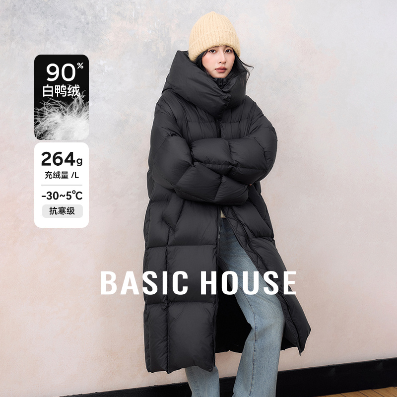 Basic House/百家好韩版连帽中长款羽绒服女双拉链立领白鸭绒外套