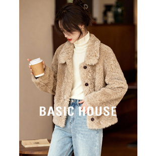 Basic House/百家好毛绒短款外套女冬季温柔风保暖翻领仿皮草上衣