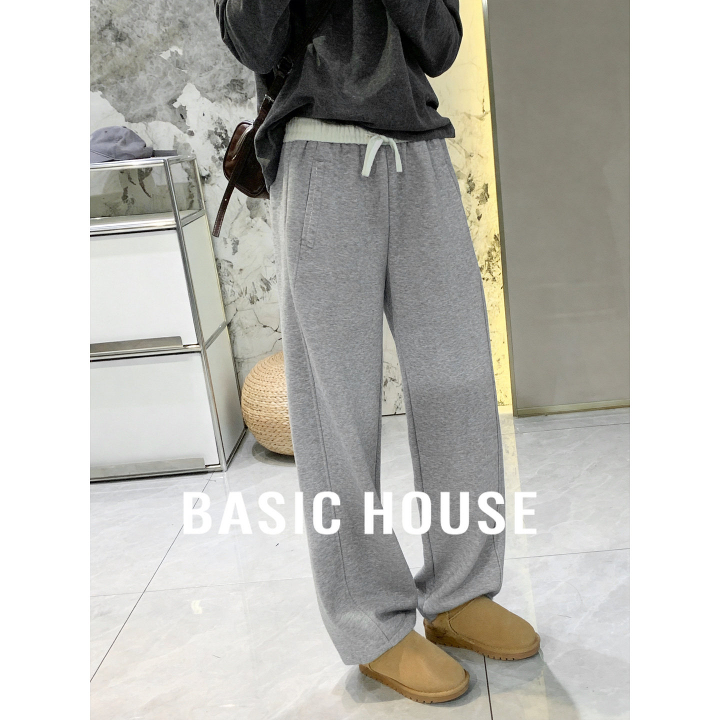 Basic House/百家好松紧腰休闲垂感直筒裤女春款棉显瘦高腰阔腿裤