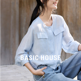 House 女宽松显瘦口袋短款 百家好夏季 圆领抽绳衬衫 上衣 新款 Basic