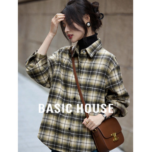 Basic House/百家好polo领绿格加厚棉服女秋冬新款衬衫款保暖外套