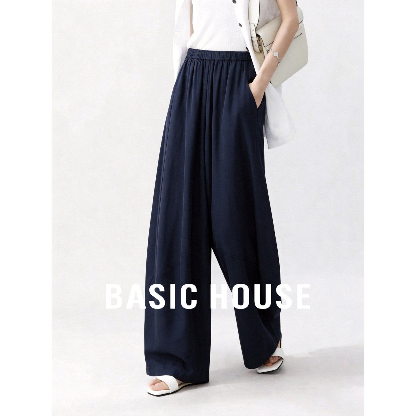 Basic House/百家好莱赛尔亚麻休闲裤女26夏季新款阔腿弯刀裤长裤
