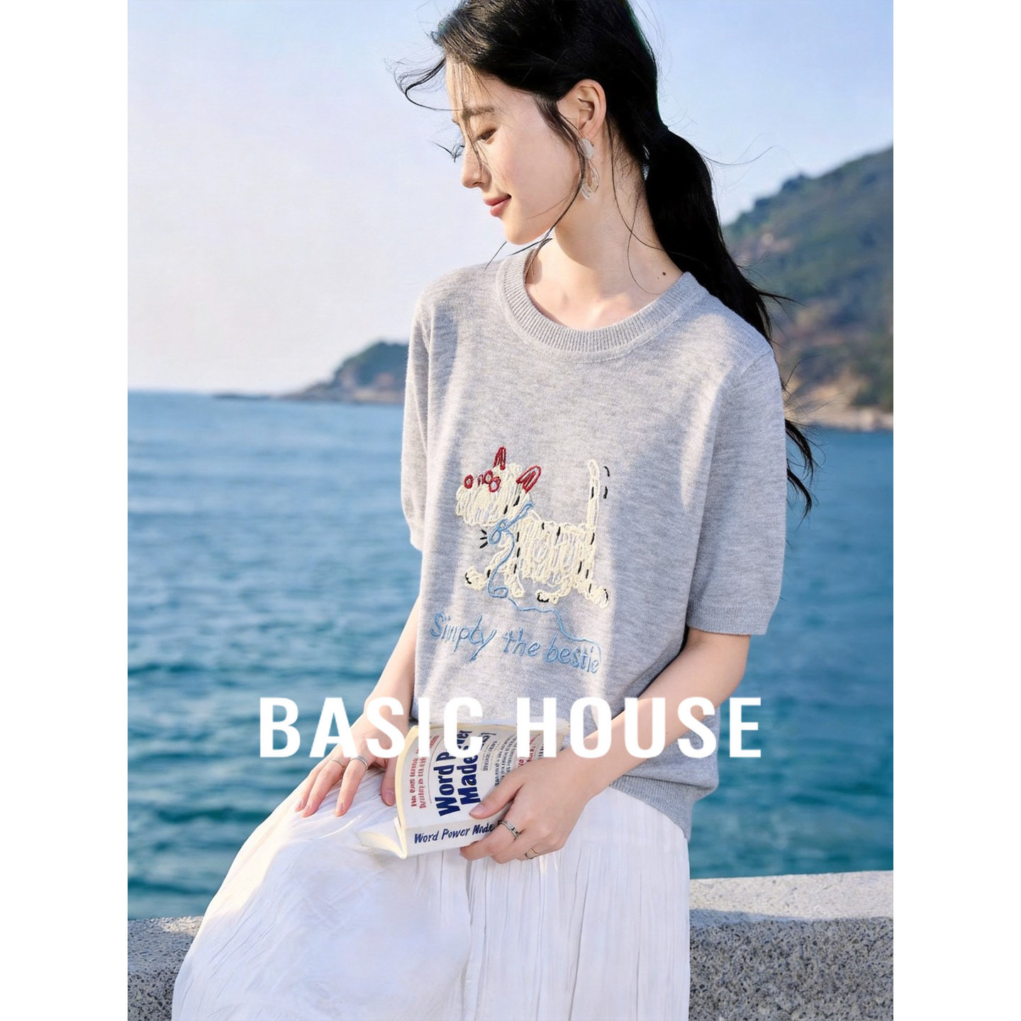 Basic House/百家好小狗刺绣薄款针织衫夏季新款减龄短袖休闲上衣