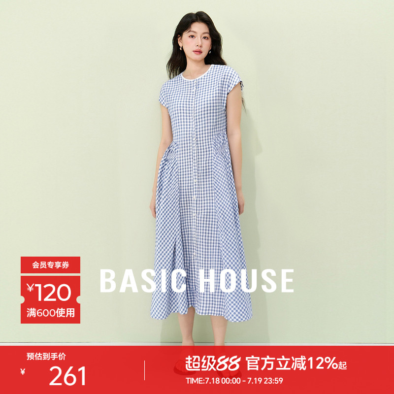 Basic House/百家好蓝色复古格子连衣裙中长款褶皱掐腰裙2025夏季