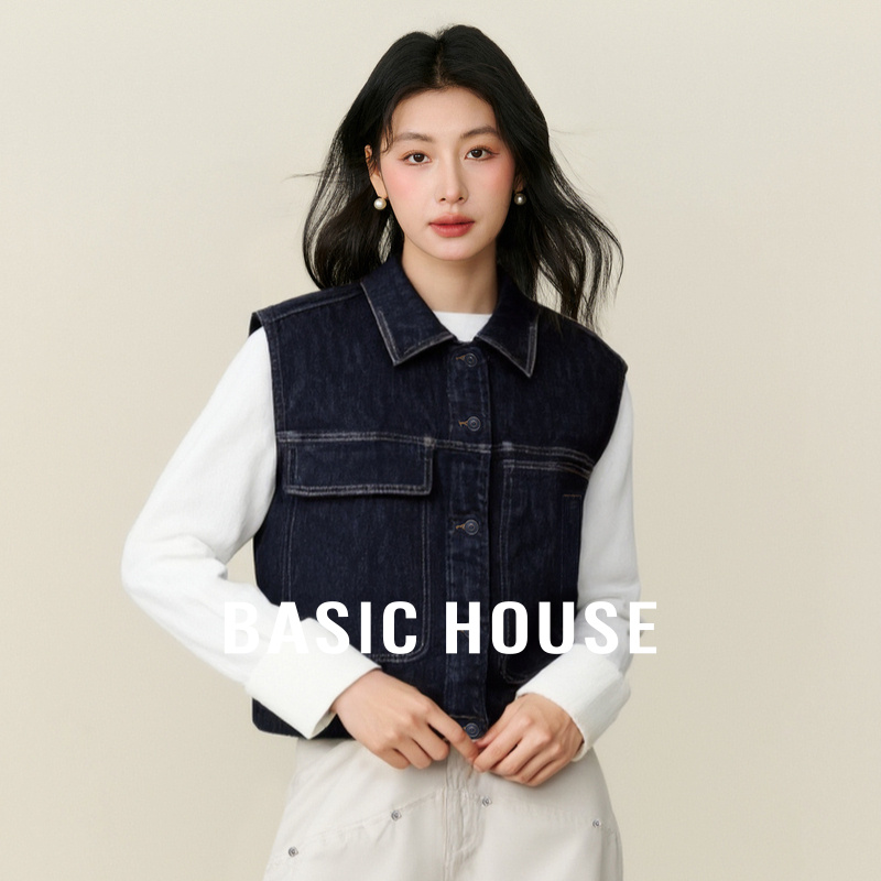 Basic House/百家好休闲百搭水洗设计感秋季新款无袖翻领牛仔马甲