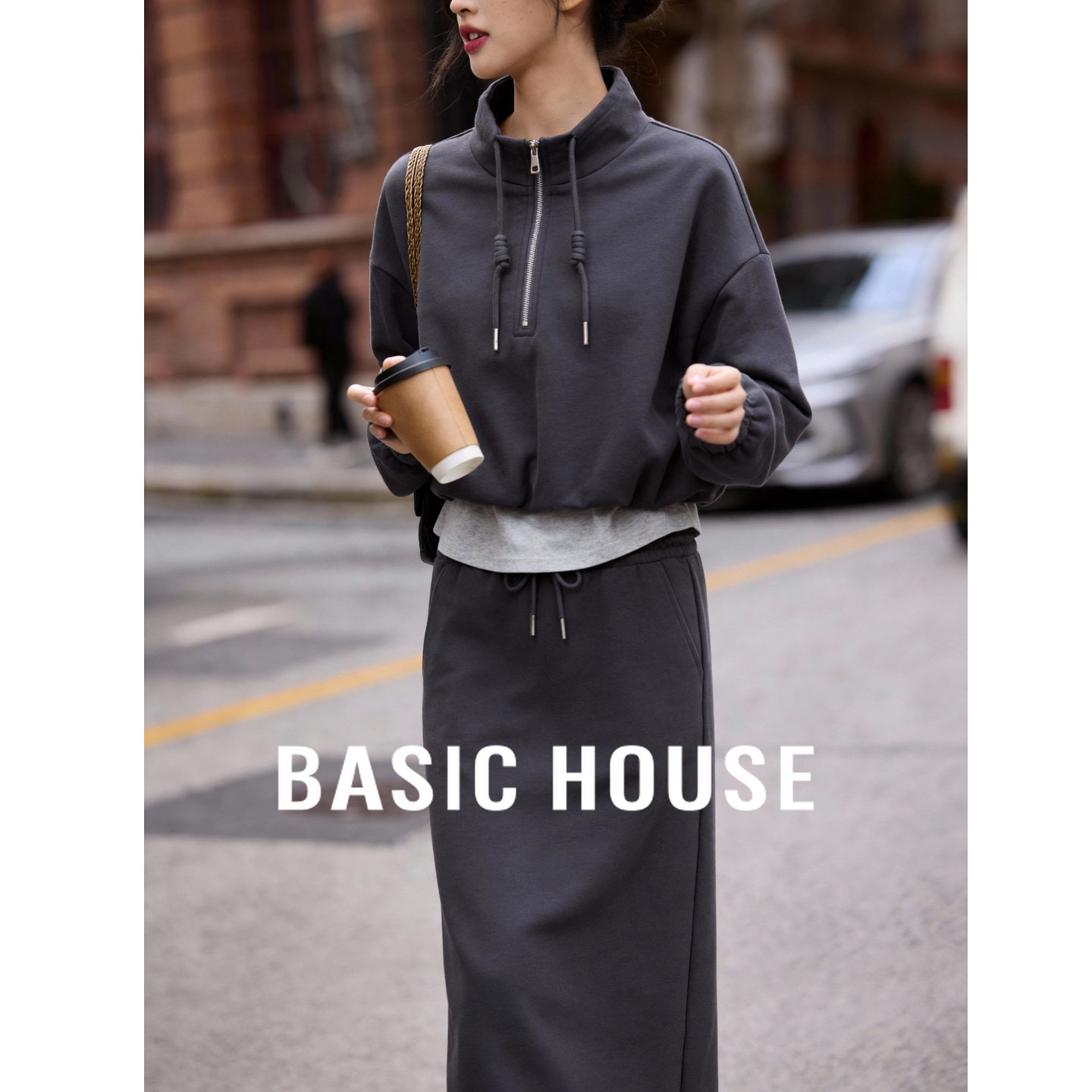 Basic House/百家好休闲风半拉链卫衣套装女春宽松上衣半裙两件套