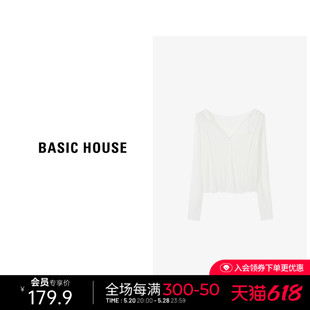 Basic House/百家好莱赛尔小翻领T恤女夏新款甜美风长袖开衫上衣