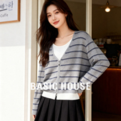 百家好条纹针织开衫 Basic House 女2025秋冬假两件设计感宽松上衣