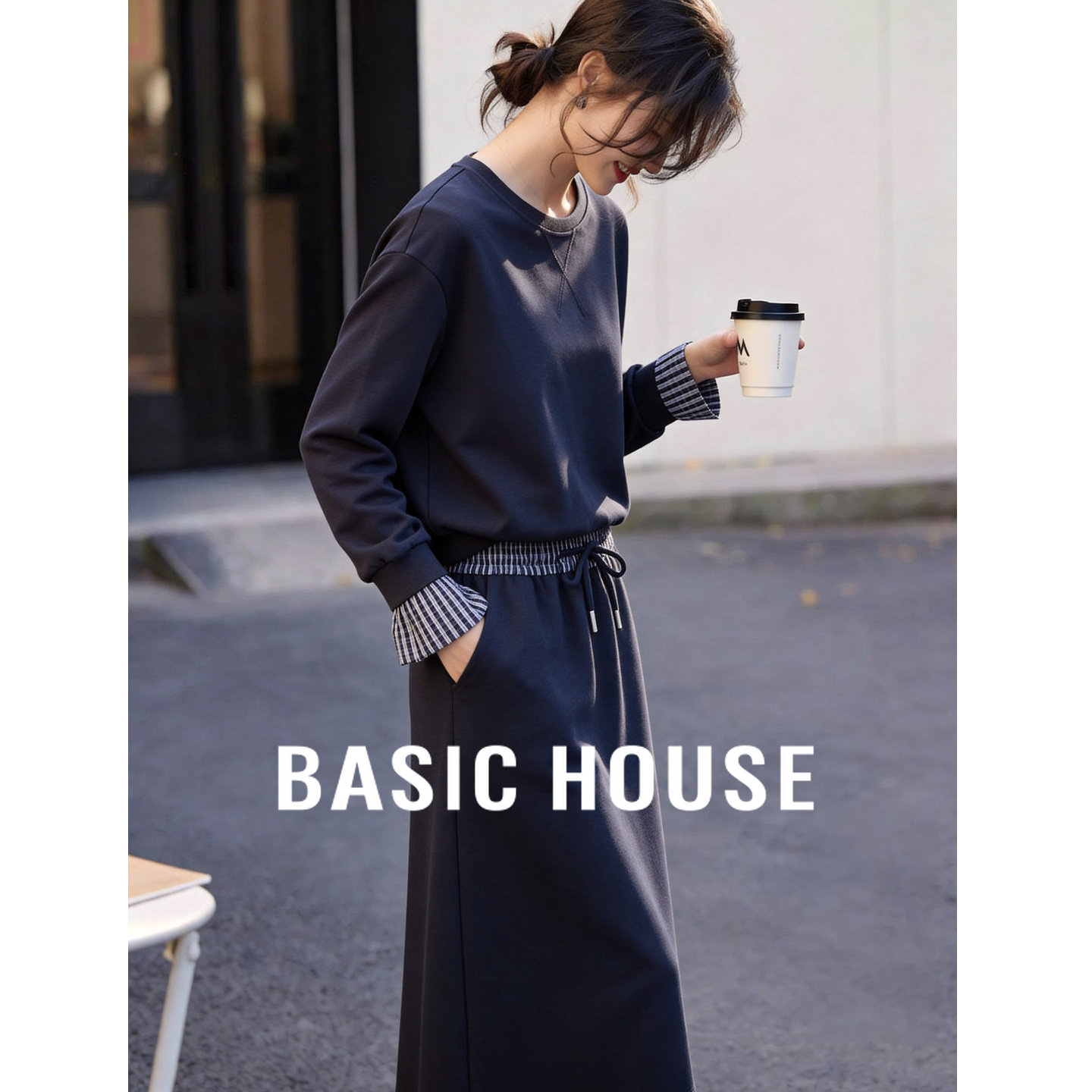 Basic House/百家好休闲半身裙两件套2026新款藏青色卫衣长裙套装