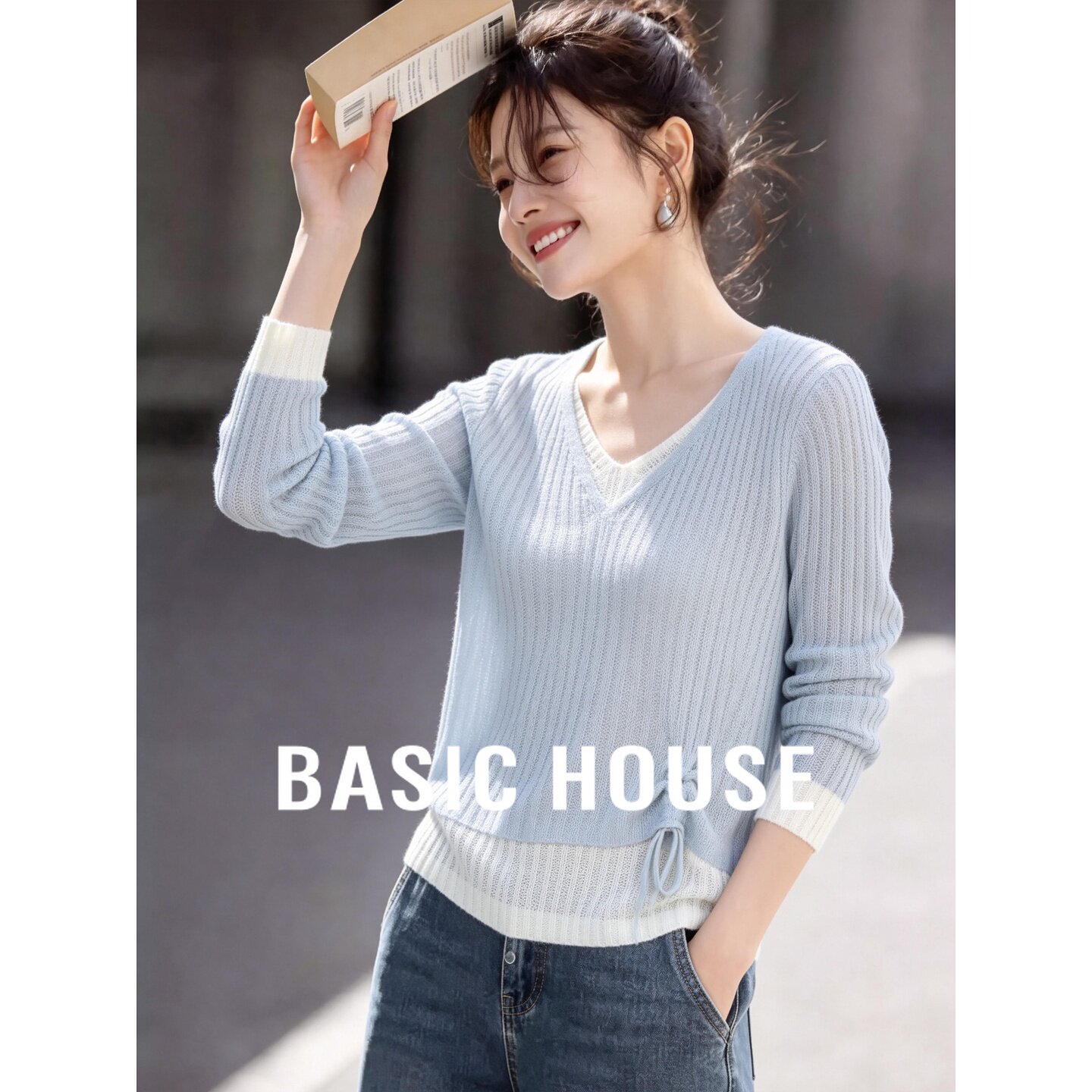 Basic House百家好假两件抽绳针织衫女夏2026新款V领薄款罩衫上衣