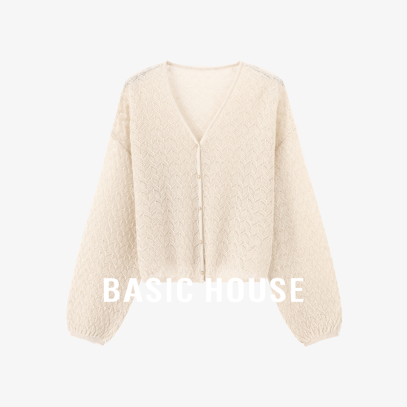 Basic House/百家好绵羊毛镂空针织衫桑蚕丝灯笼袖上衣秋季新款女