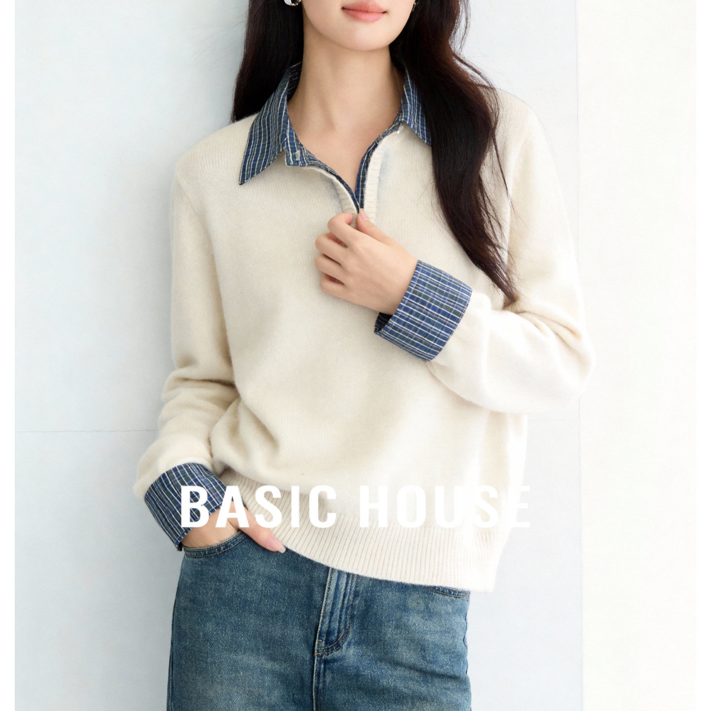 百家好拼接格纹假两件衬衫毛衣26春季新款女士白色翻领针织衫上衣