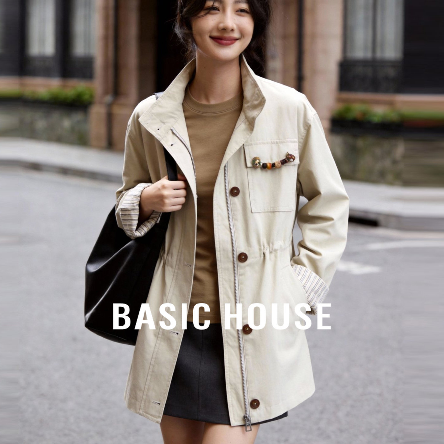 Basic House/百家好韩系立领夹克短外套条纹拼接春季新款短款风衣